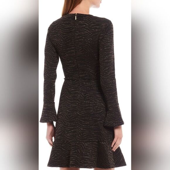 Michael Kors Black & Gold Printed Flounce Trim Dress (XS) - Picture 2 of 7